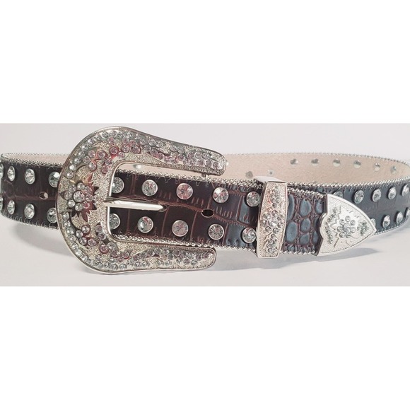 Western Leather S Belt Bling Concho Rhinestone Studs Pave Adjust Buckle - Picture 4 of 8